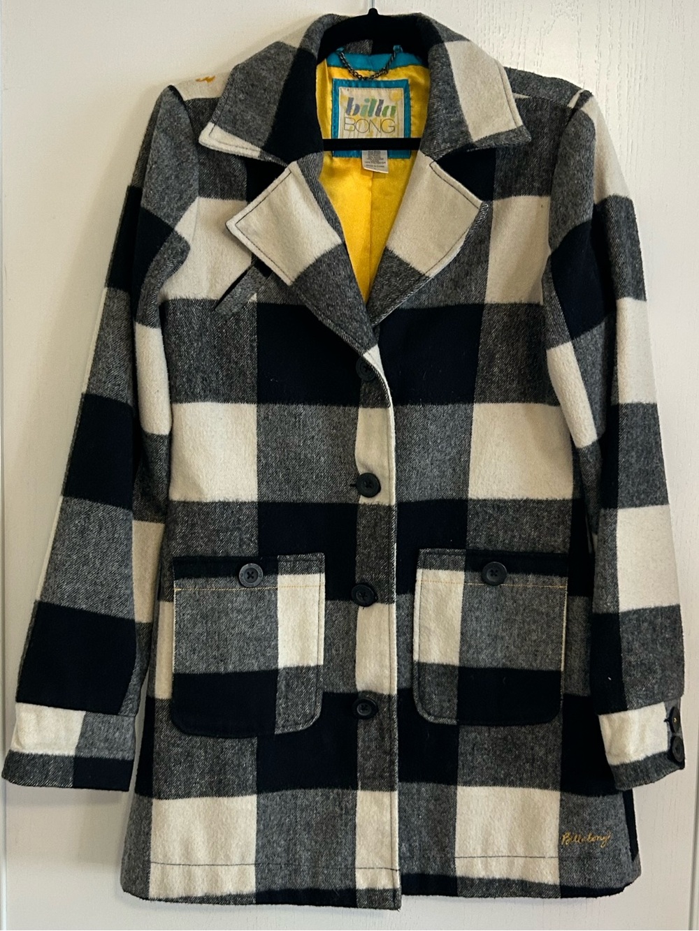 Vintage Billabong Black and White Buffalo Checker Wool Blend Coat